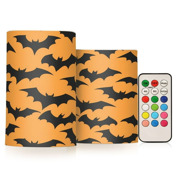 Flickering Flameless LED Candles set of 2 Battery Operated 18-Key Remotes Timer Halloween Fall Decor Bats on Orange D3''xH4''5''