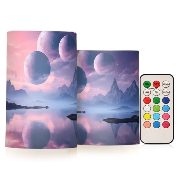 Flickering Flameless LED Candles set of 2 Battery Operated 18-Key Remotes Timer Halloween Fall Decor Beautiful Alien Landscape D3''xH4''5''