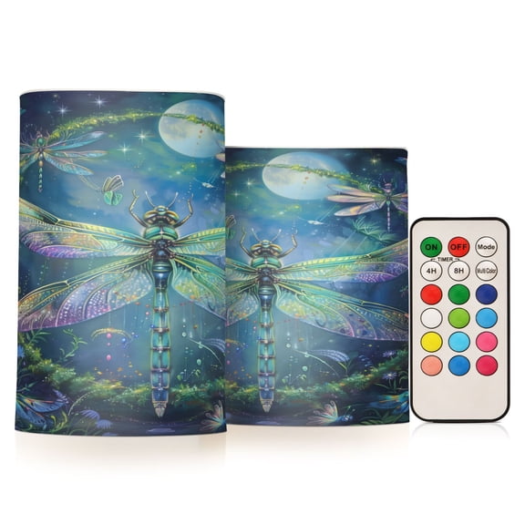 Flickering Flameless LED Candles set of 2 Battery Operated 18-Key Remotes Timer Halloween Fall Decor Beautiful Dragonflies D3''xH4''5''