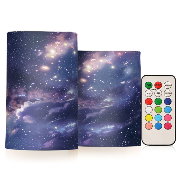 Flickering Flameless LED Candles set of 2 Battery Operated 18-Key Remotes Timer Halloween Fall Decor Beautiful Milky Way D3''xH4''5''