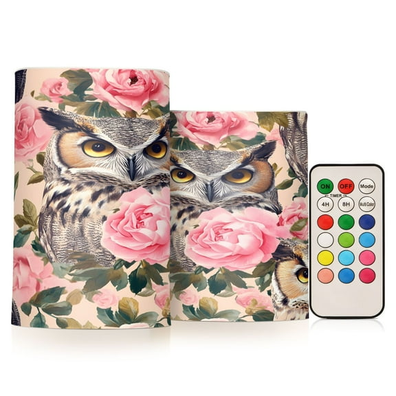 Flickering Flameless LED Candles set of 2 Battery Operated 18-Key Remotes Timer Halloween Fall Decor Beautiful Owls and Pink Roses D3''xH4''5''