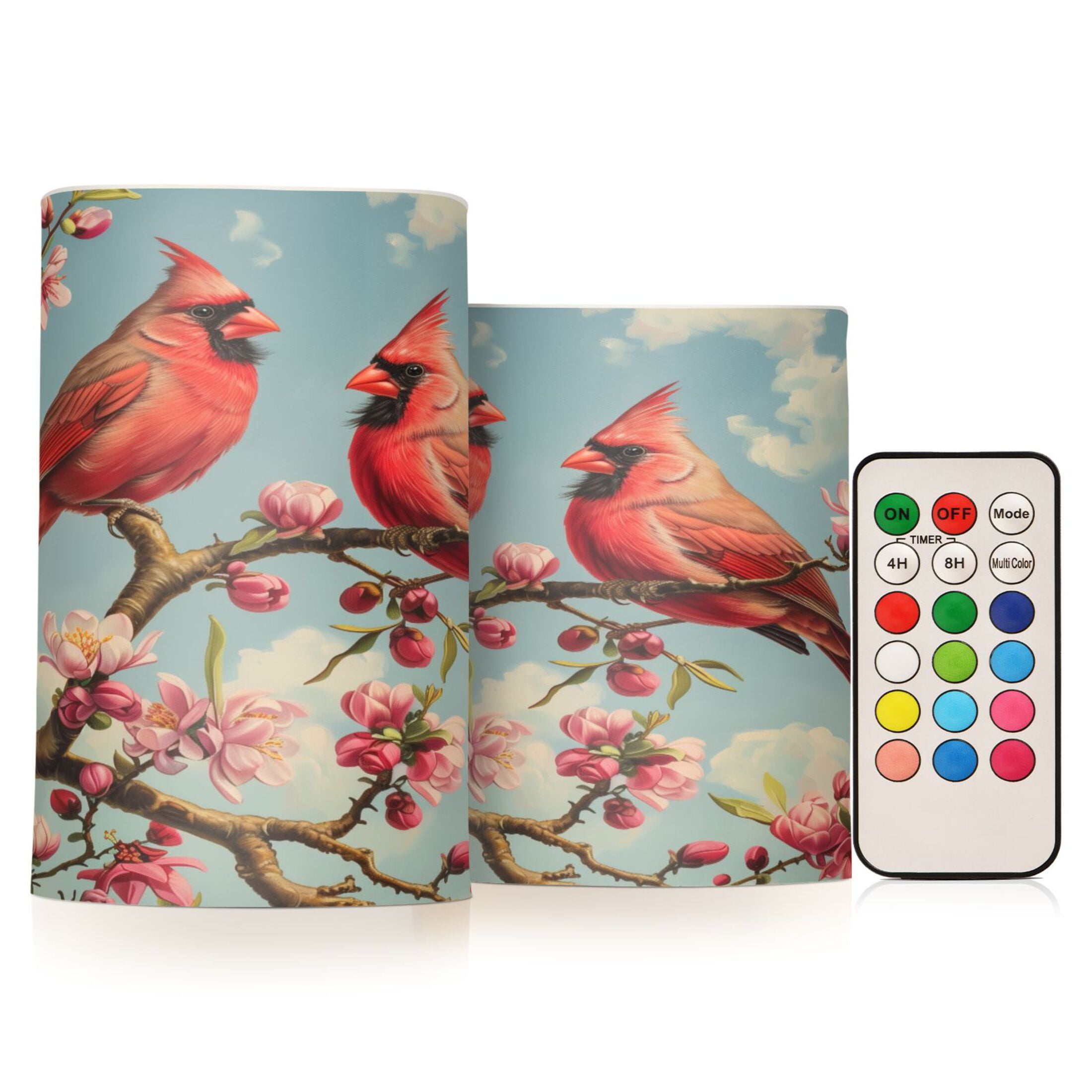 Flickering Flameless LED Candles set of 2 Battery Operated 18-Key Remotes Timer Halloween Fall Decor Birds Sit on Tree Branch D3''xH4''5''