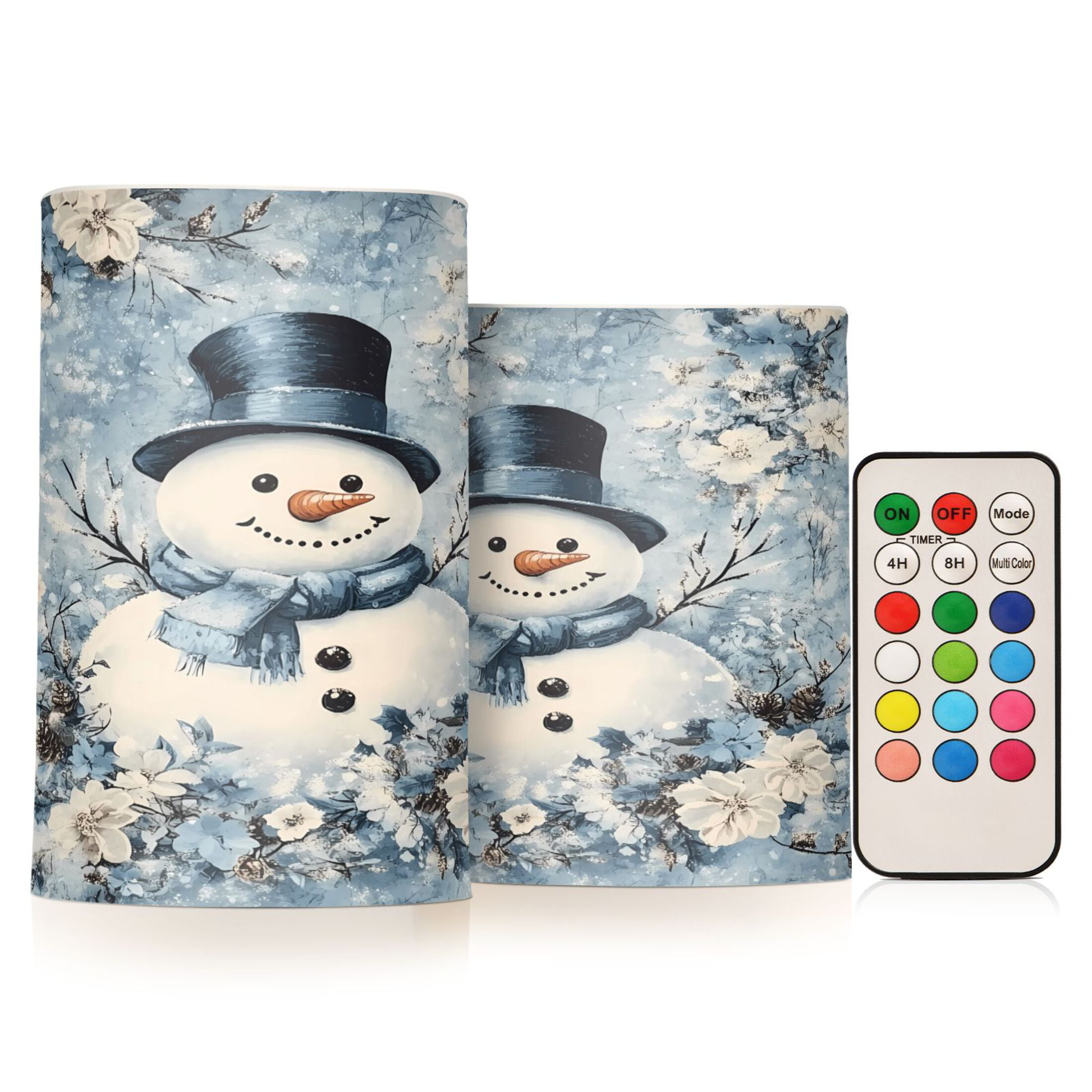 Flickering Flameless LED Candles set of 2 Battery Operated 18-Key Remotes Timer Halloween Fall Decor Blue Floral Snowman D3''xH4''5''