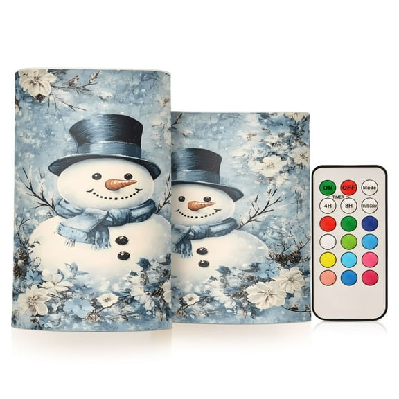 Flickering Flameless LED Candles set of 2 Battery Operated 18-Key Remotes Timer Halloween Fall Decor Blue Floral Snowman D3''xH4''5''