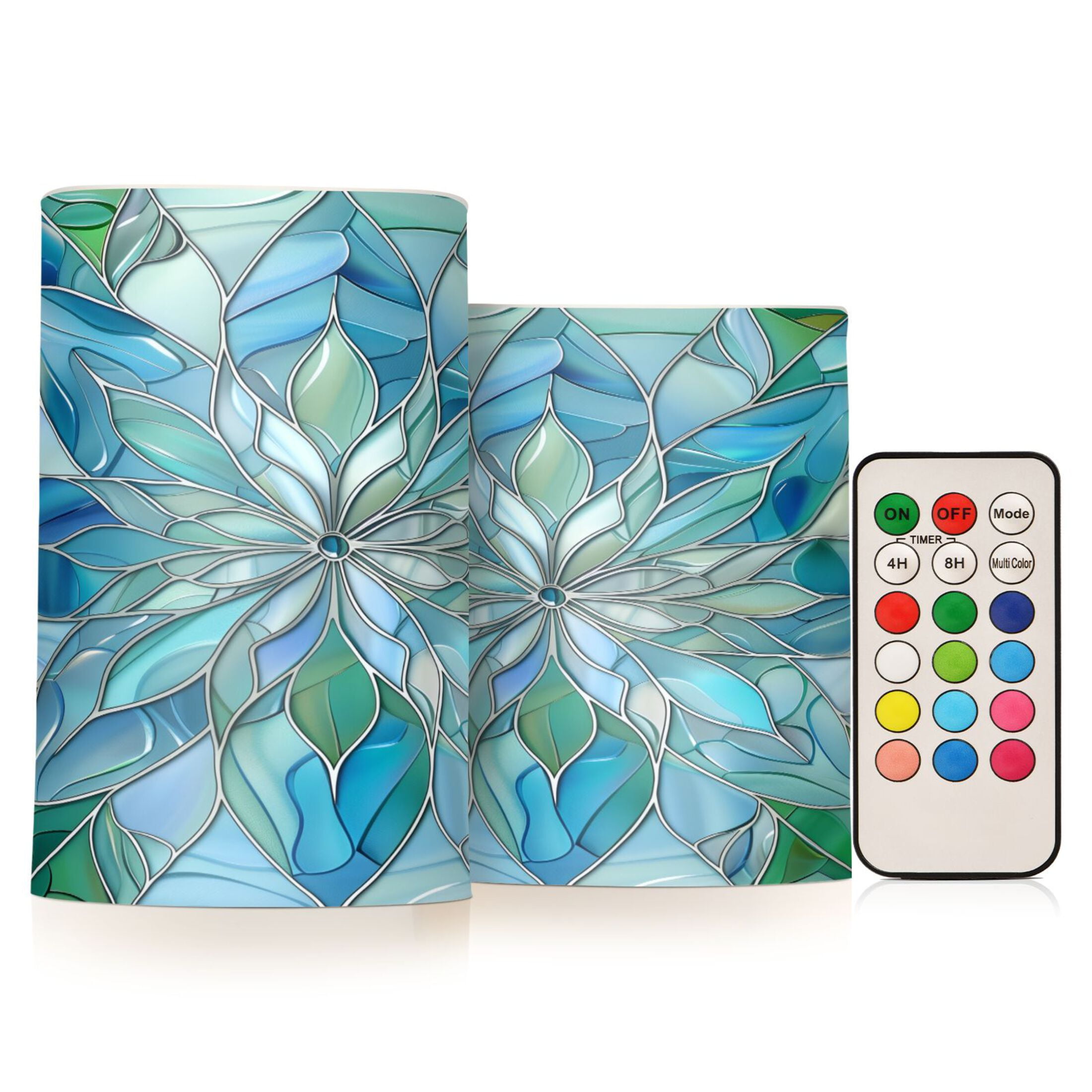 Flickering Flameless LED Candles set of 2 Battery Operated 18-Key Remotes Timer Halloween Fall Decor Blue Green Floral Stained Glass D3''xH4''5''