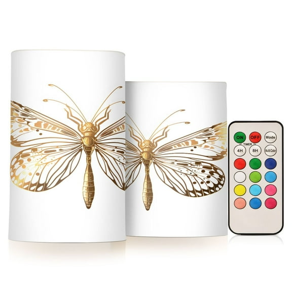 Flickering Flameless LED Candles set of 2 Battery Operated 18-Key Remotes Timer Halloween Fall Decor Butterfly Dragonfly D3''xH4''5''