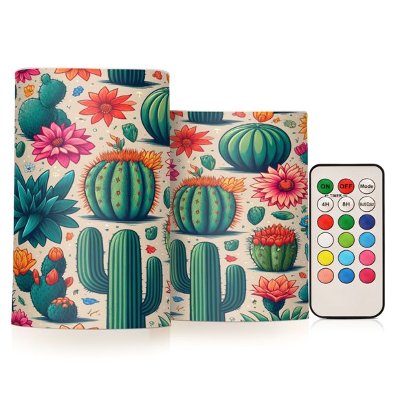 Flickering Flameless LED Candles set of 2 Battery Operated 18-Key Remotes Timer Halloween Fall Decor Cactus and Desert Flower D3''xH4''5''