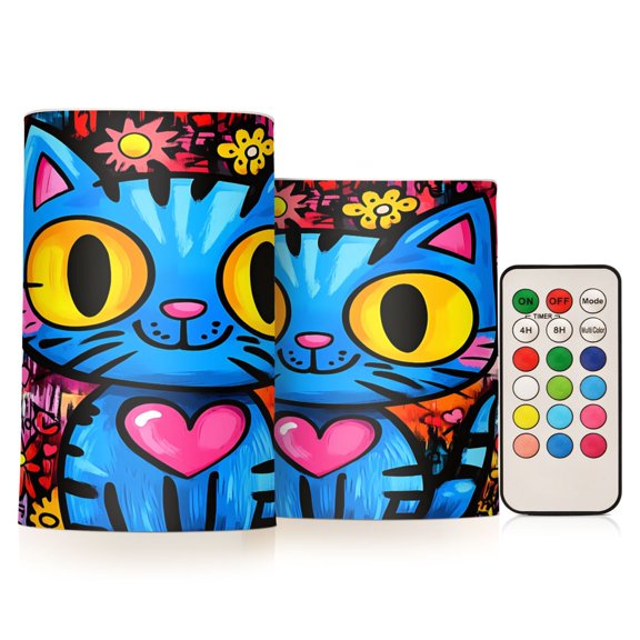 Flickering Flameless LED Candles set of 2 Battery Operated 18-Key Remotes Timer Halloween Fall Decor Cartoon Graffiti Cat D3''xH4''5''