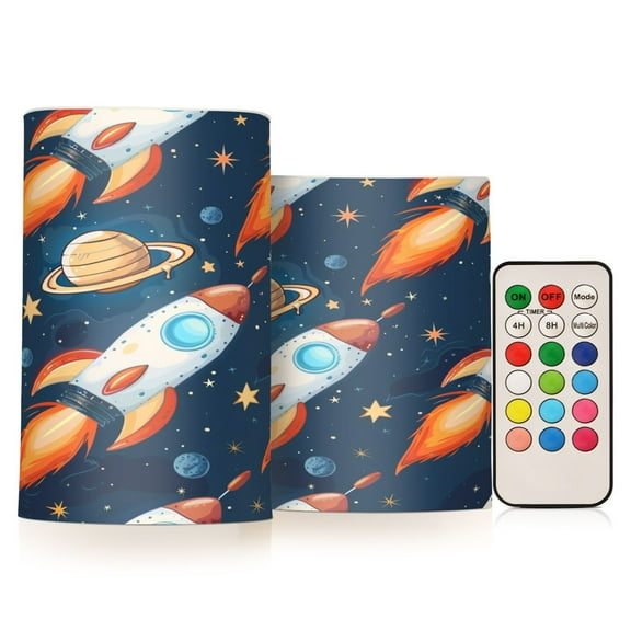 Flickering Flameless LED Candles set of 2 Battery Operated 18-Key Remotes Timer Halloween Fall Decor Cartoon Rocket Planet Star D3''xH4''5''