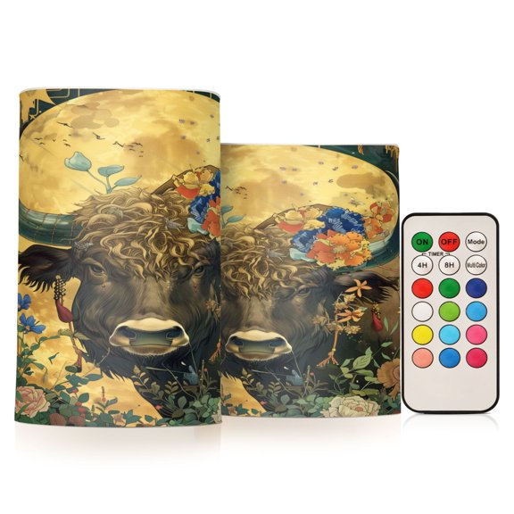 Flickering Flameless LED Candles set of 2 Battery Operated 18-Key Remotes Timer Halloween Fall Decor Cattle Flower Moon D3''xH4''5''