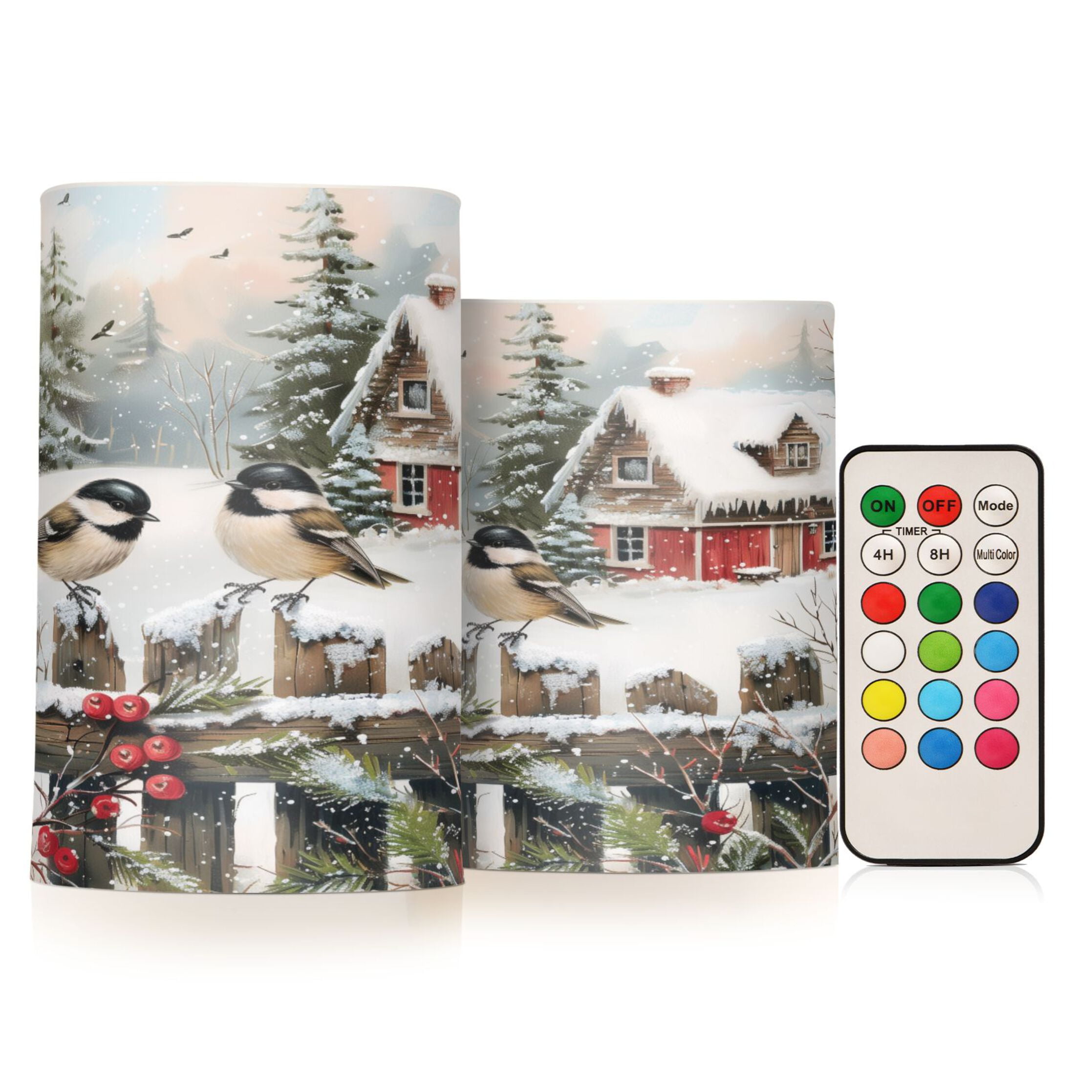 Flickering Flameless LED Candles set of 2 Battery Operated 18-Key Remotes Timer Halloween Fall Decor Chickadees Bird and House D3''xH4''5''