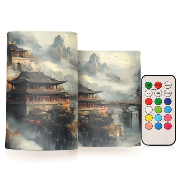 Flickering Flameless LED Candles set of 2 Battery Operated 18-Key Remotes Timer Halloween Fall Decor Chinese Temples on Mountain D3''xH4''5''