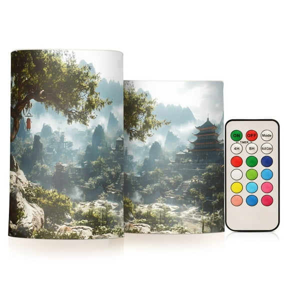 Flickering Flameless LED Candles set of 2 Battery Operated 18-Key Remotes Timer Halloween Fall Decor Chinese-style Temple in Mountains D3''xH4''5''