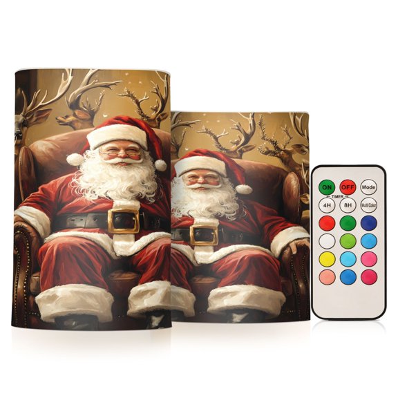 Flickering Flameless LED Candles set of 2 Battery Operated 18-Key Remotes Timer Halloween Fall Decor Christmas Santa Claus and Deers D3''xH4''5''