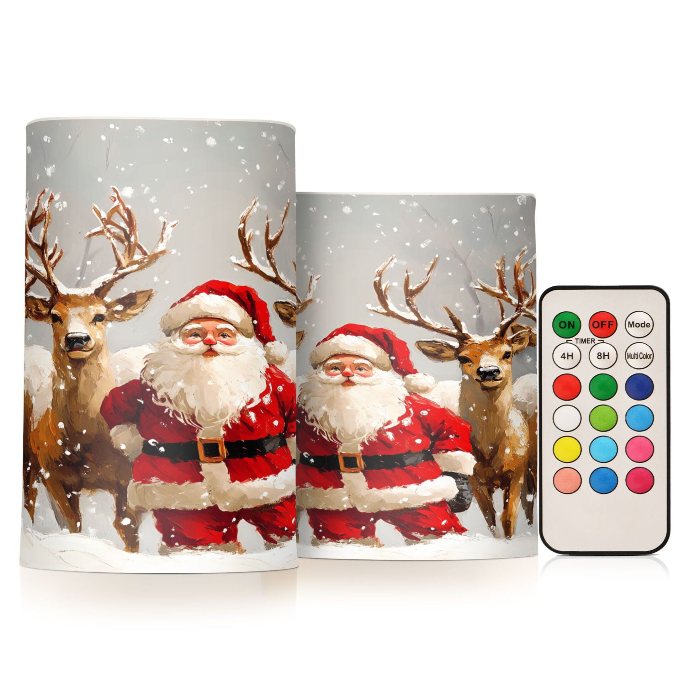 Flickering Flameless LED Candles set of 2 Battery Operated 18-Key Remotes Timer Halloween Fall Decor Christmas Santa Claus with Deers D3''xH4''5''