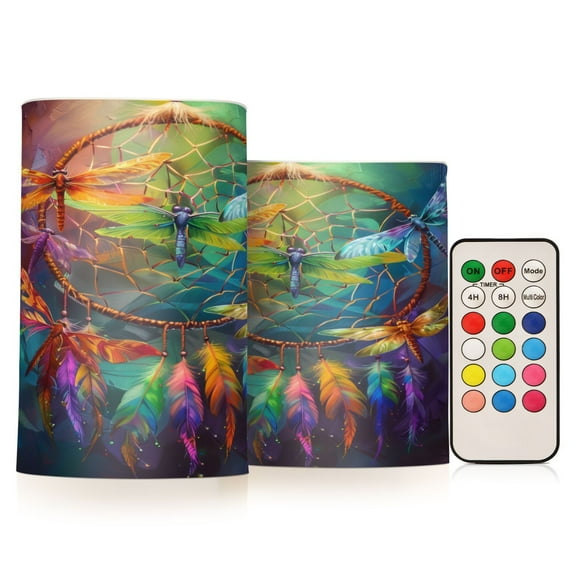 Flickering Flameless LED Candles set of 2 Battery Operated 18-Key Remotes Timer Halloween Fall Decor Colorful Dragonflies D3''xH4''5''