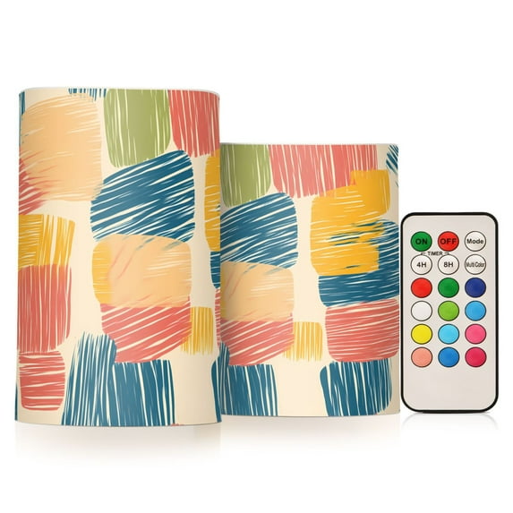 Flickering Flameless LED Candles set of 2 Battery Operated 18-Key Remotes Timer Halloween Fall Decor Colorful Line Doodle Squares D3''xH4''5''