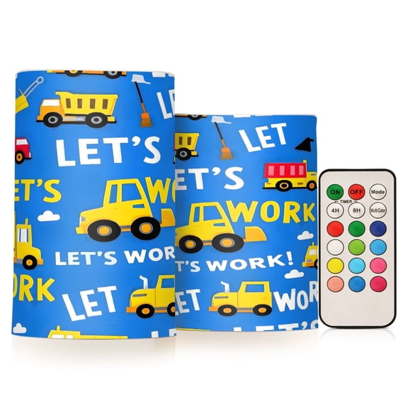 Flickering Flameless LED Candles set of 2 Battery Operated 18-Key Remotes Timer Halloween Fall Decor Construction Trucks and Clouds D3''xH4''5''