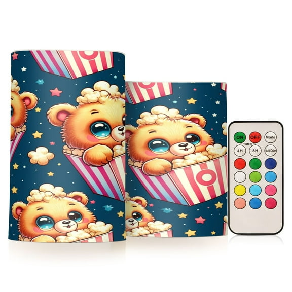 Flickering Flameless LED Candles set of 2 Battery Operated 18-Key Remotes Timer Halloween Fall Decor Cute Bear in Popcorn D3''xH4''5''
