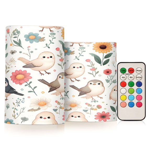 Flickering Flameless LED Candles set of 2 Battery Operated 18-Key Remotes Timer Halloween Fall Decor Cute Birds and Sunflowers D3''xH4''5''