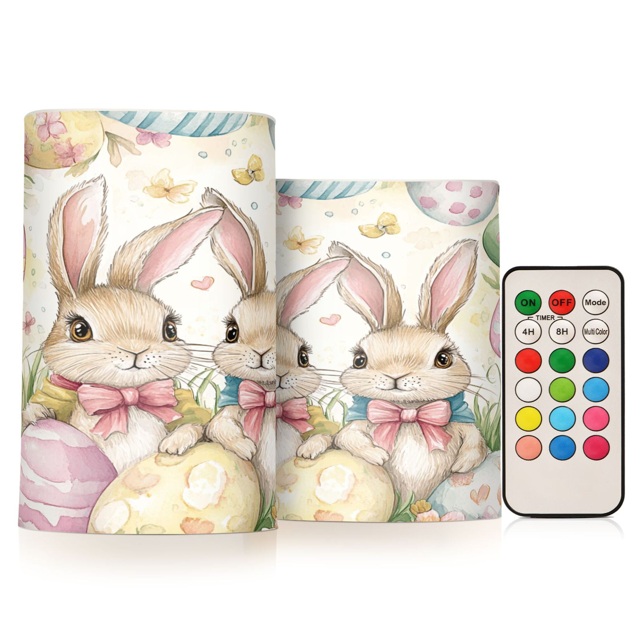 Flickering Flameless LED Candles set of 2 Battery Operated 18-Key Remotes Timer Halloween Fall Decor Cute Bunnies and Easter Eggs D3''xH4''5''