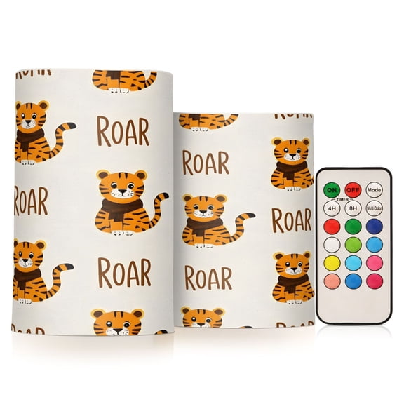 Flickering Flameless LED Candles set of 2 Battery Operated 18-Key Remotes Timer Halloween Fall Decor Cute Cartoon Playful Tiger D3''xH4''5''