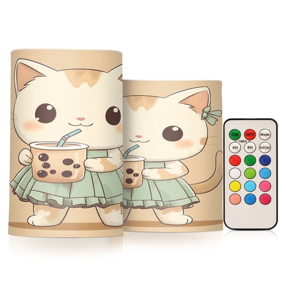 Flickering Flameless LED Candles set of 2 Battery Operated 18-Key Remotes Timer Halloween Fall Decor Cute Cat Drink Bubble Tea D3''xH4''5''