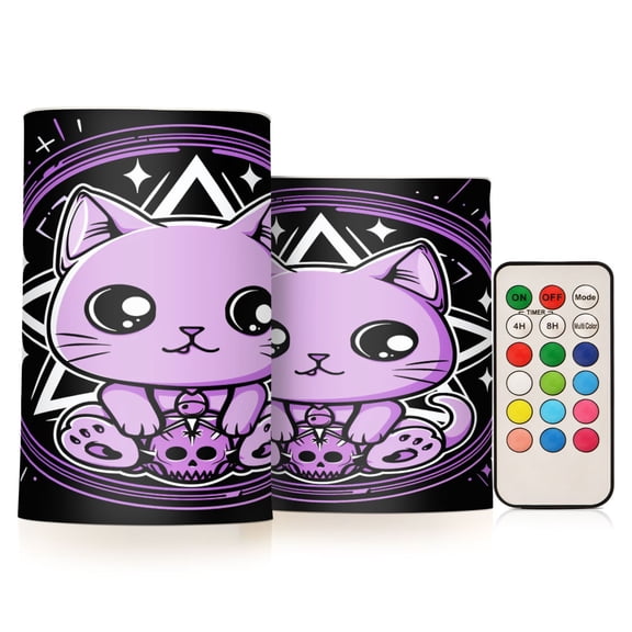 Flickering Flameless LED Candles set of 2 Battery Operated 18-Key Remotes Timer Halloween Fall Decor Cute Cat with Skull D3''xH4''5''
