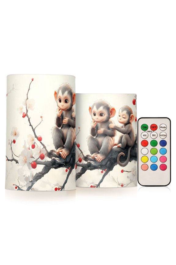 Flickering Flameless LED Candles set of 2 Battery Operated 18-Key Remotes Timer Halloween Fall Decor Cute Monkeys on Flower Branch D3''xH4''5''