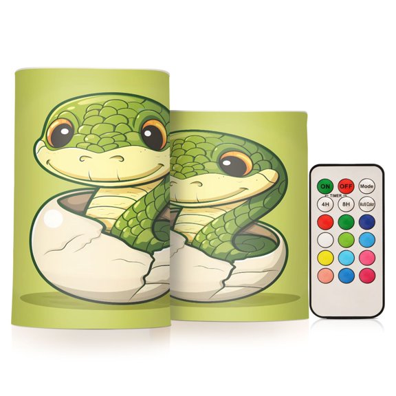 Flickering Flameless LED Candles set of 2 Battery Operated 18-Key Remotes Timer Halloween Fall Decor Cute Snake in Eggshell D3''xH4''5''
