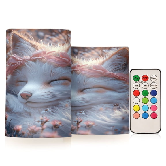 Flickering Flameless LED Candles set of 2 Battery Operated 18-Key Remotes Timer Halloween Fall Decor Cute White Fox with Pink Ribbon D3''xH4''5''