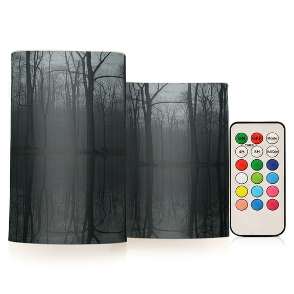 Flickering Flameless LED Candles set of 2 Battery Operated 18-Key Remotes Timer Halloween Fall Decor Dark Forest Reflections in Water D3''xH4''5''