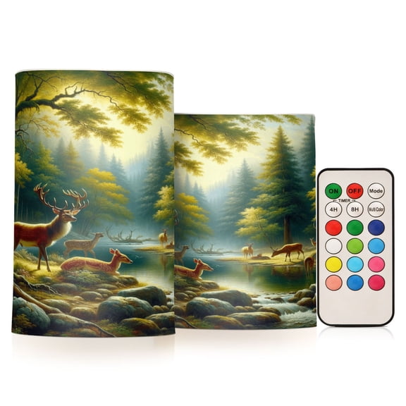Flickering Flameless LED Candles set of 2 Battery Operated 18-Key Remotes Timer Halloween Fall Decor Deer in Forest by Water D3''xH4''5''
