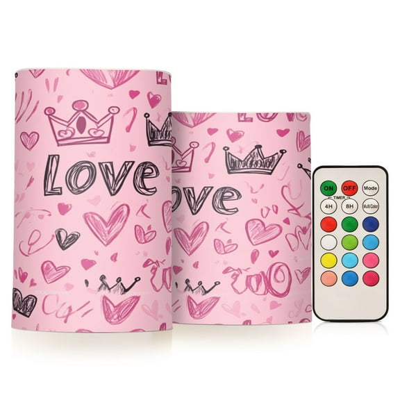 Flickering Flameless LED Candles set of 2 Battery Operated 18-Key Remotes Timer Halloween Fall Decor Doodle Love Hearts Crowns D3''xH4''5''