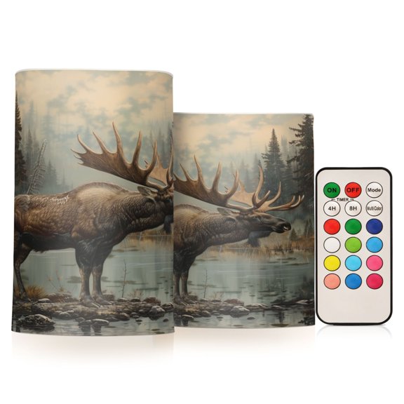 Flickering Flameless LED Candles set of 2 Battery Operated 18-Key Remotes Timer Halloween Fall Decor Elk at Water Edge in Forest D3''xH4''5''
