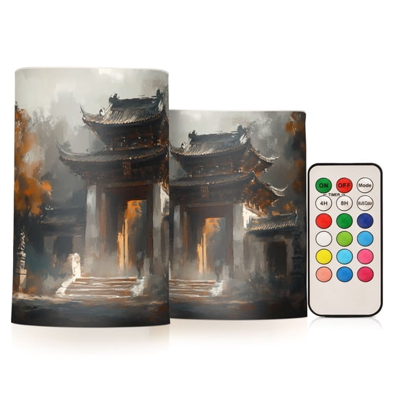 Flickering Flameless LED Candles set of 2 Battery Operated 18-Key Remotes Timer Halloween Fall Decor Entrance To Ancient Chinese Temple D3''xH4''5''