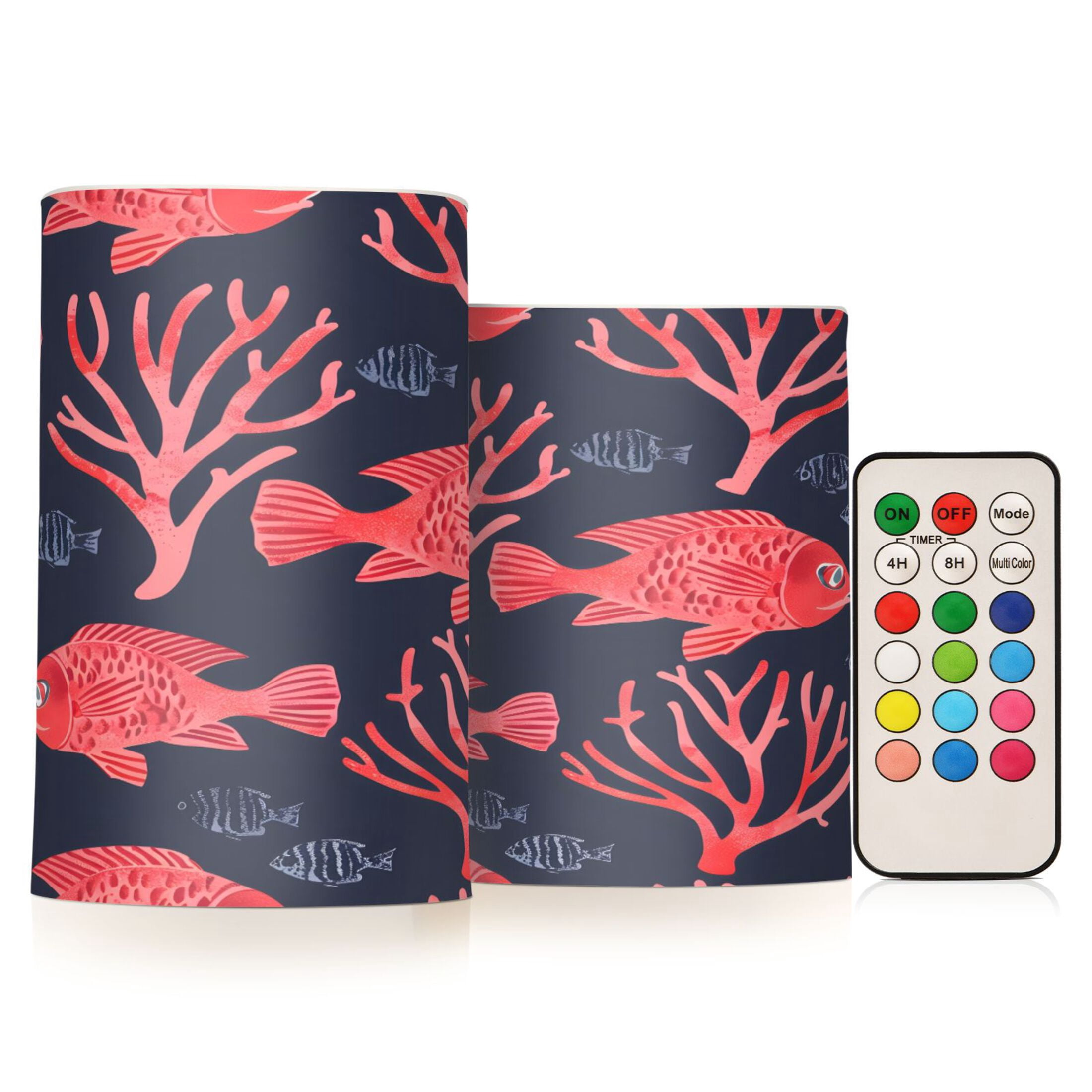 Flickering Flameless LED Candles set of 2 Battery Operated 18-Key Remotes Timer Halloween Fall Decor Fishes and Coral D3''xH4''5''