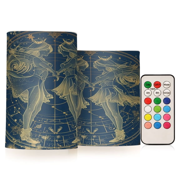 Flickering Flameless LED Candles set of 2 Battery Operated 18-Key Remotes Timer Halloween Fall Decor Gemini Of Zodiac D3''xH4''5''