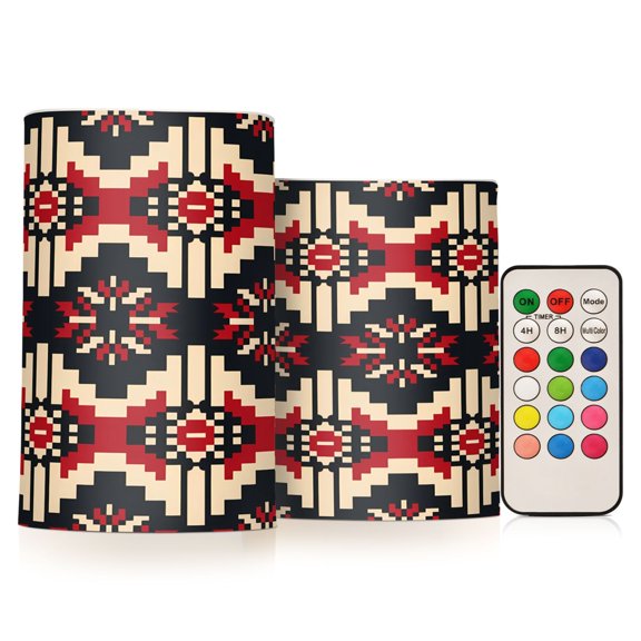 Flickering Flameless LED Candles set of 2 Battery Operated 18-Key Remotes Timer Halloween Fall Decor Geometric Pixel Print D3''xH4''5''