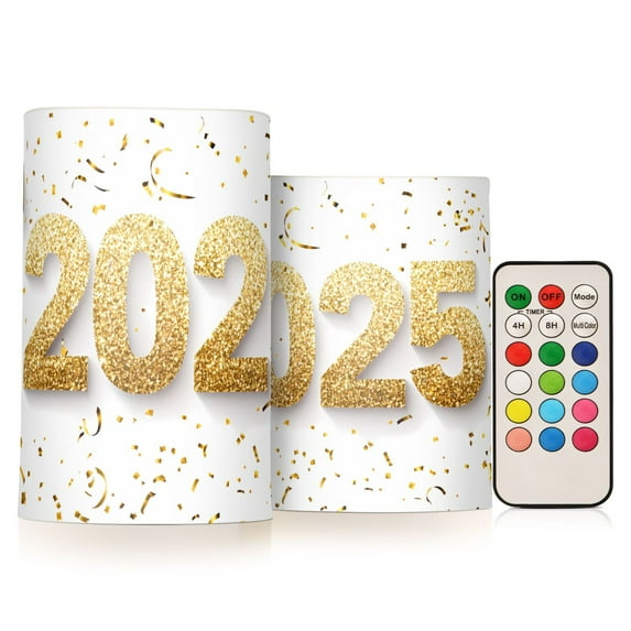 Flickering Flameless LED Candles set of 2 Battery Operated 18-Key Remotes Timer Halloween Fall Decor Gold 2025 and Ribbons D3''xH4''5''