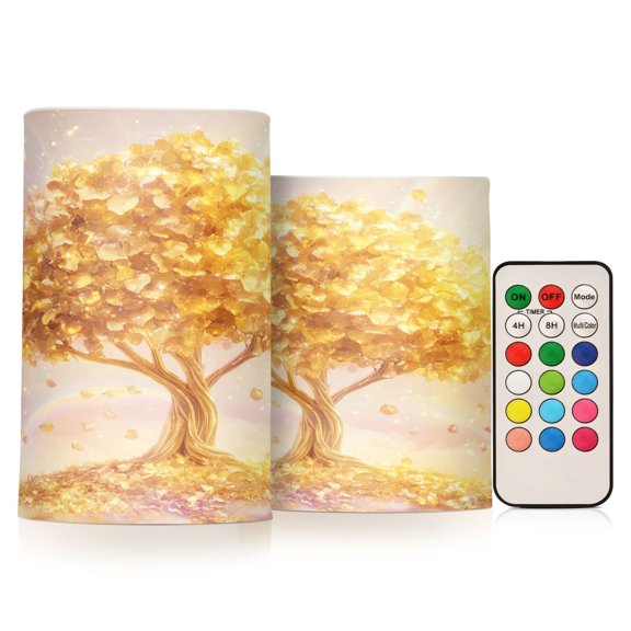 Flickering Flameless LED Candles set of 2 Battery Operated 18-Key Remotes Timer Halloween Fall Decor Golden Tree with Leaf D3''xH4''5''