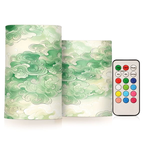 Flickering Flameless LED Candles set of 2 Battery Operated 18-Key Remotes Timer Halloween Fall Decor Green Auspicious Clouds D3''xH4''5''