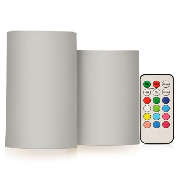 Flickering Flameless LED Candles set of 2 Battery Operated 18-Key Remotes Timer Halloween Fall Decor Grey D3''xH4''5''