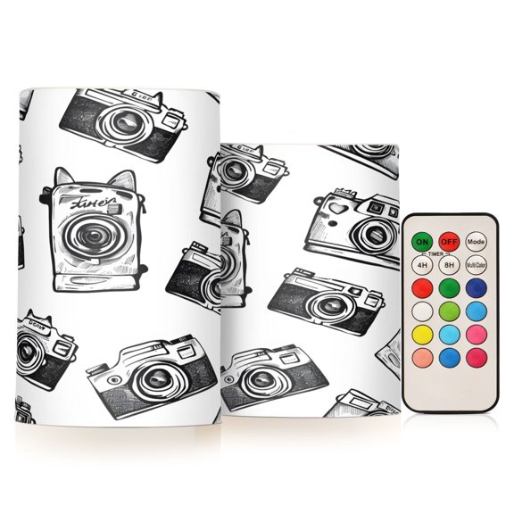 Flickering Flameless LED Candles set of 2 Battery Operated 18-Key Remotes Timer Halloween Fall Decor Hand Drawn Camera D3''xH4''5''