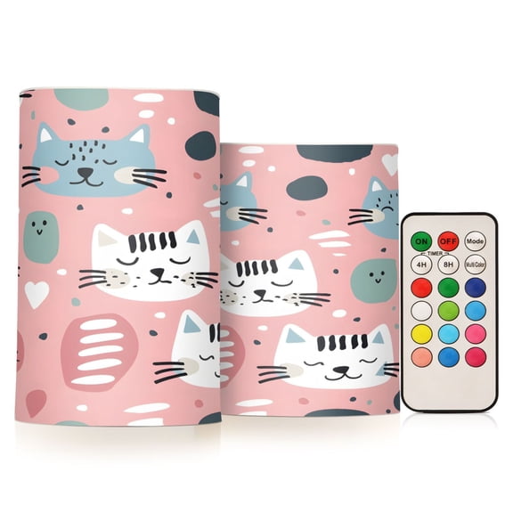 Flickering Flameless LED Candles set of 2 Battery Operated 18-Key Remotes Timer Halloween Fall Decor Hand Drawn Cute Cat D3''xH4''5''