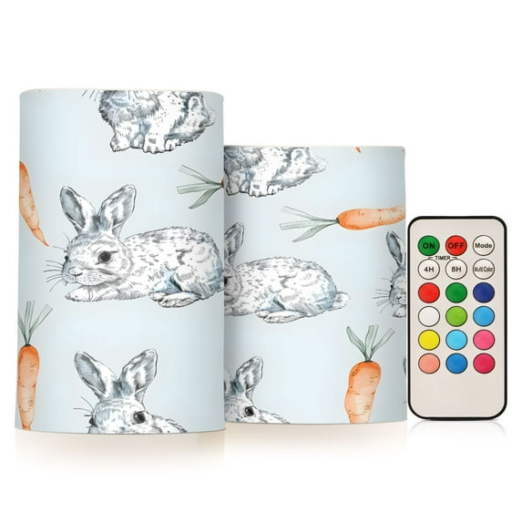Flickering Flameless LED Candles set of 2 Battery Operated 18-Key Remotes Timer Halloween Fall Decor Hand Drawn Rabbit and Carrot D3''xH4''5''
