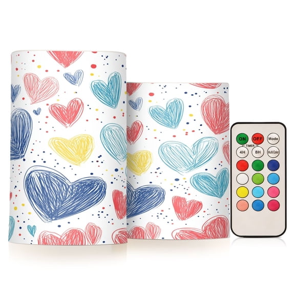 Flickering Flameless LED Candles set of 2 Battery Operated 18-Key Remotes Timer Halloween Fall Decor Hand Drawn Red Blue Yellow Hearts D3''xH4''5''