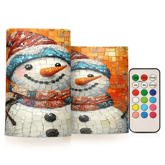 Flickering Flameless LED Candles set of 2 Battery Operated 18-Key Remotes Timer Halloween Fall Decor Happy Christmas Snowmen D3''xH4''5''