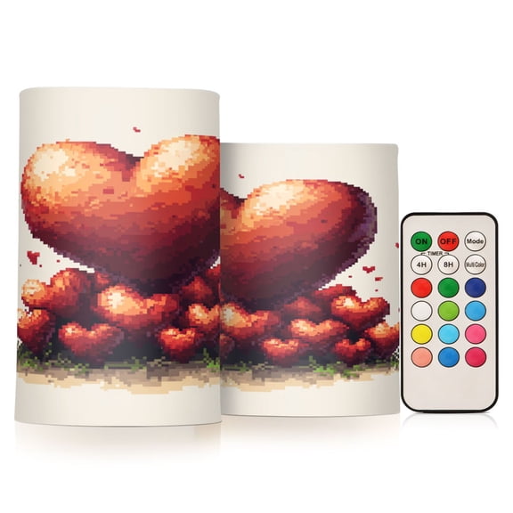 Flickering Flameless LED Candles set of 2 Battery Operated 18-Key Remotes Timer Halloween Fall Decor Heart-shaped Mounds Pixel Art D3''xH4''5''
