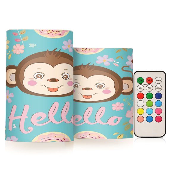 Flickering Flameless LED Candles set of 2 Battery Operated 18-Key Remotes Timer Halloween Fall Decor Hello Monkey Face D3''xH4''5''